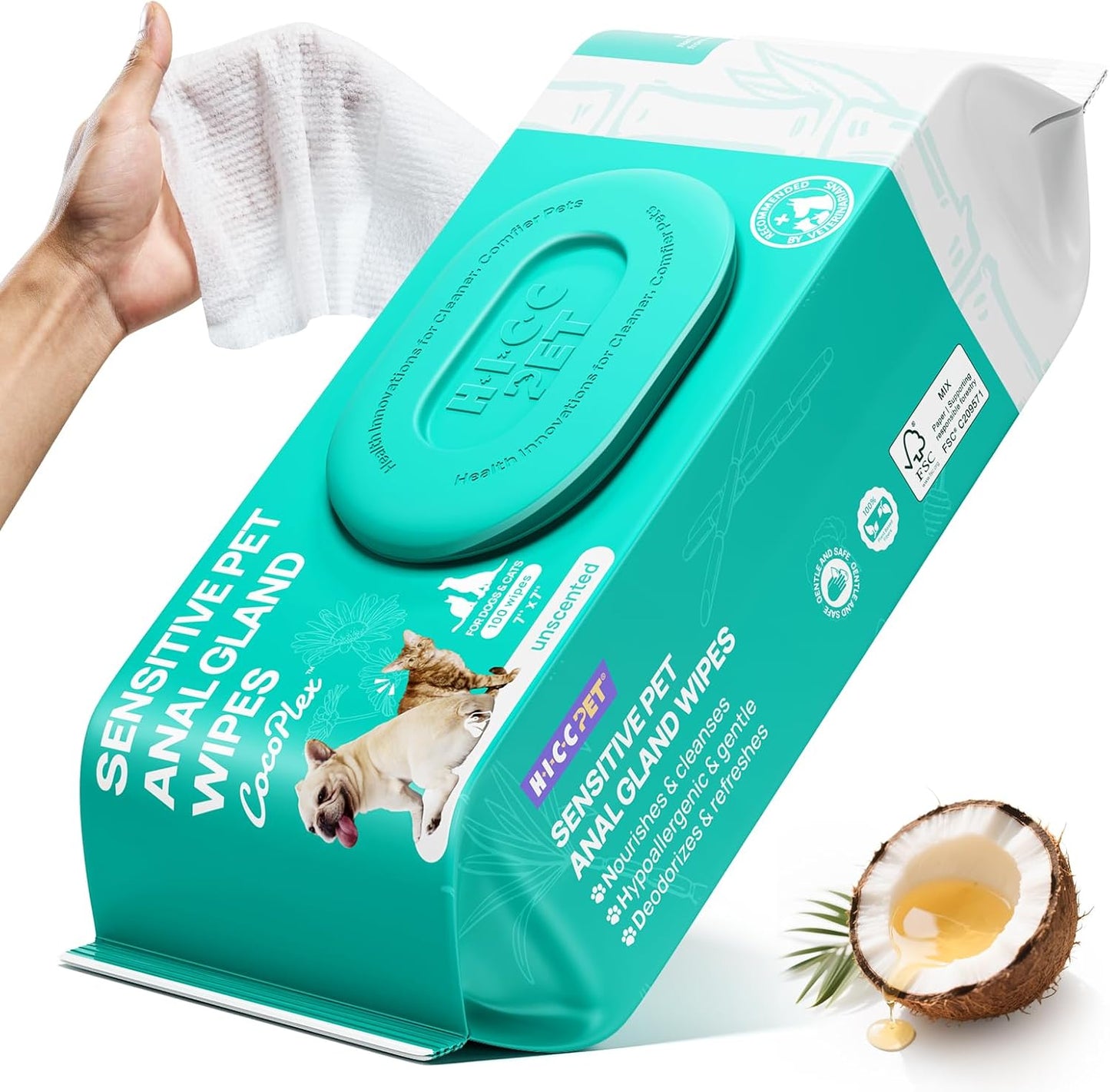 HICC PET Wipes for Dogs & Cats, Vet Recommended Cleansing Deodorizing & Soothing Allergy Infections Anal Gland Wipes with Coconut Oil, Dog Wipes for Cleaning Butt Paw