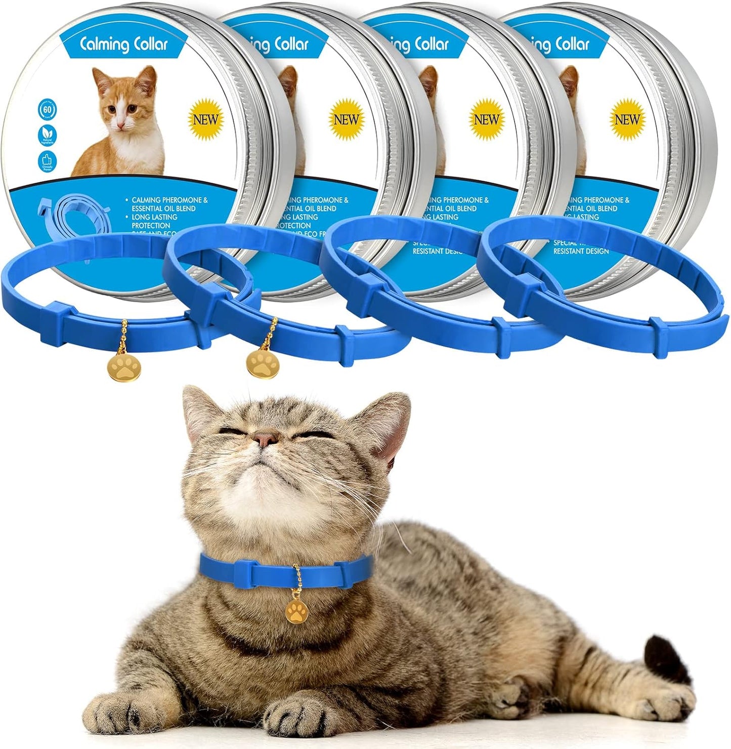 4 Pcs Cat Calming Collar Adjustable Lavender Scent Relaxing Cat Collar with 2 Pendant