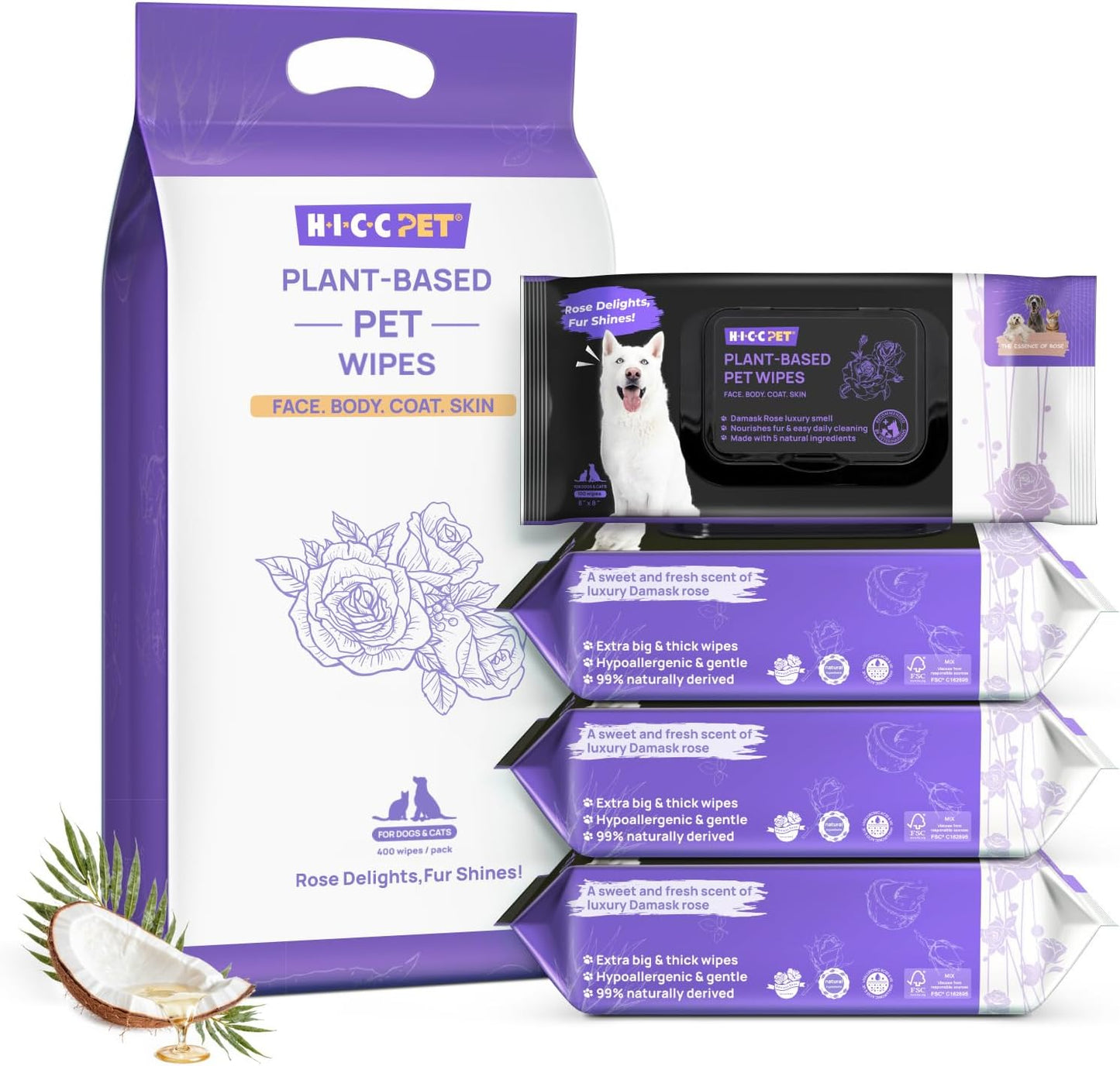HICC PET Cleaning Deodorizing Wipes for Dogs & Cats, (400 Counts (Thicken), Rose)