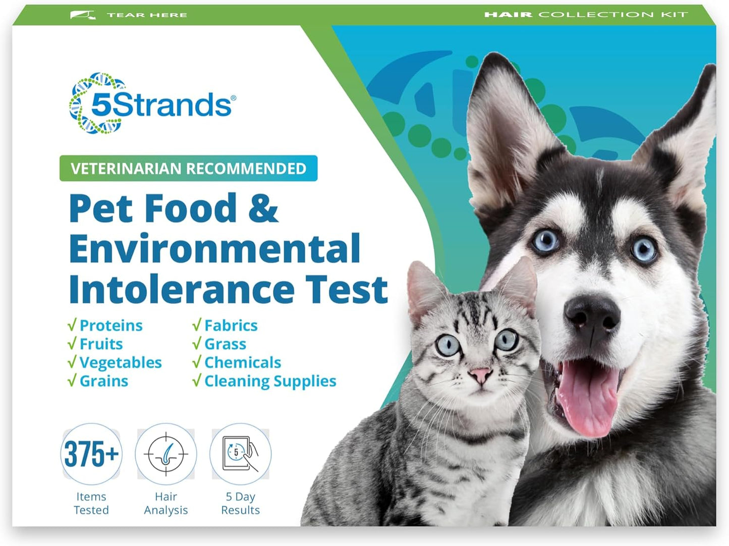 5Strands | Affordable Pet Test | 200 Food Ingredients & 100 Environmental Items Tested Cat & Dog | Allergy Sensitivity & Intolerance at Home Collection Test Kit | Hair Analysis | (Pet 300)