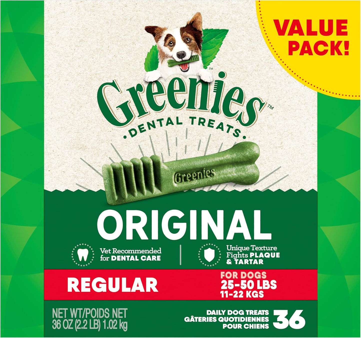 GREENIES Canine Dental Dog Treats Original Regular 36 Chews Value Pack 1.02Kg