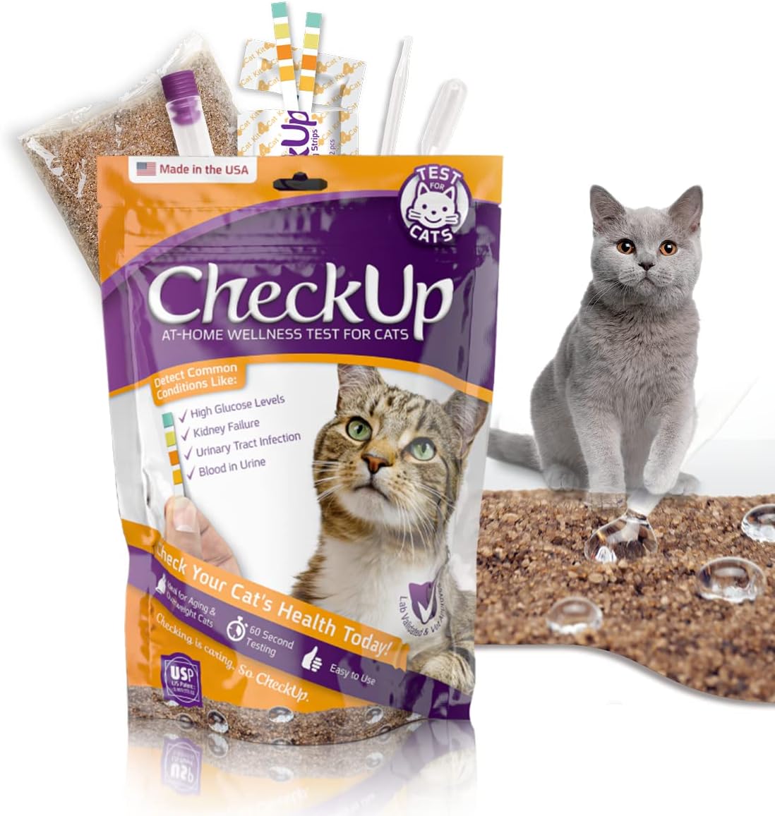 CheckUp at Home Wellness Test Kit for Cats | 2lb Hydrophobic Litter for Urine Collection, 2 Test Strips