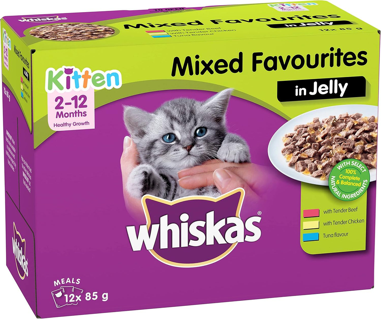 WHISKAS Kitten 2-12 Months Wet Cat Food with Mixed Favourites in Jelly 12 x 85g, 5 Pack (60 Pouches)