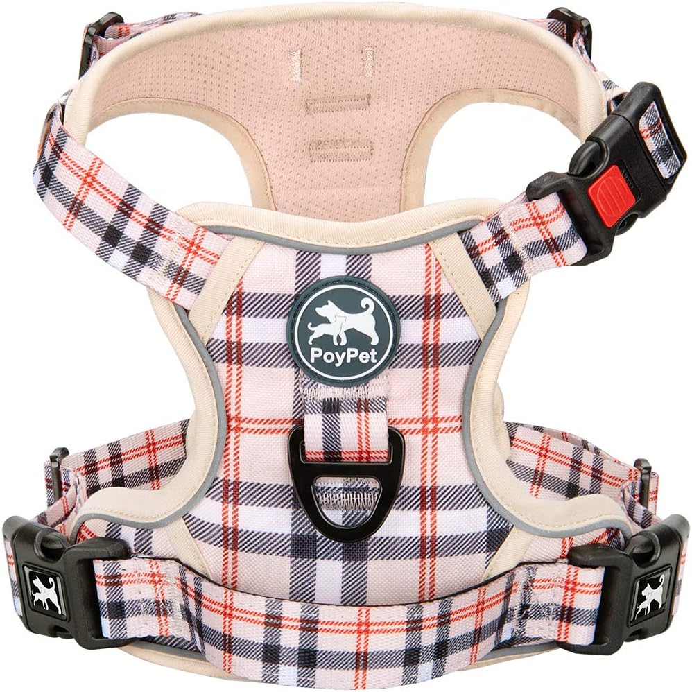 PoyPet No Pull Dog Harness, No Choke Reflective Oxford Outdoor Vest (Checkered Beige,S)