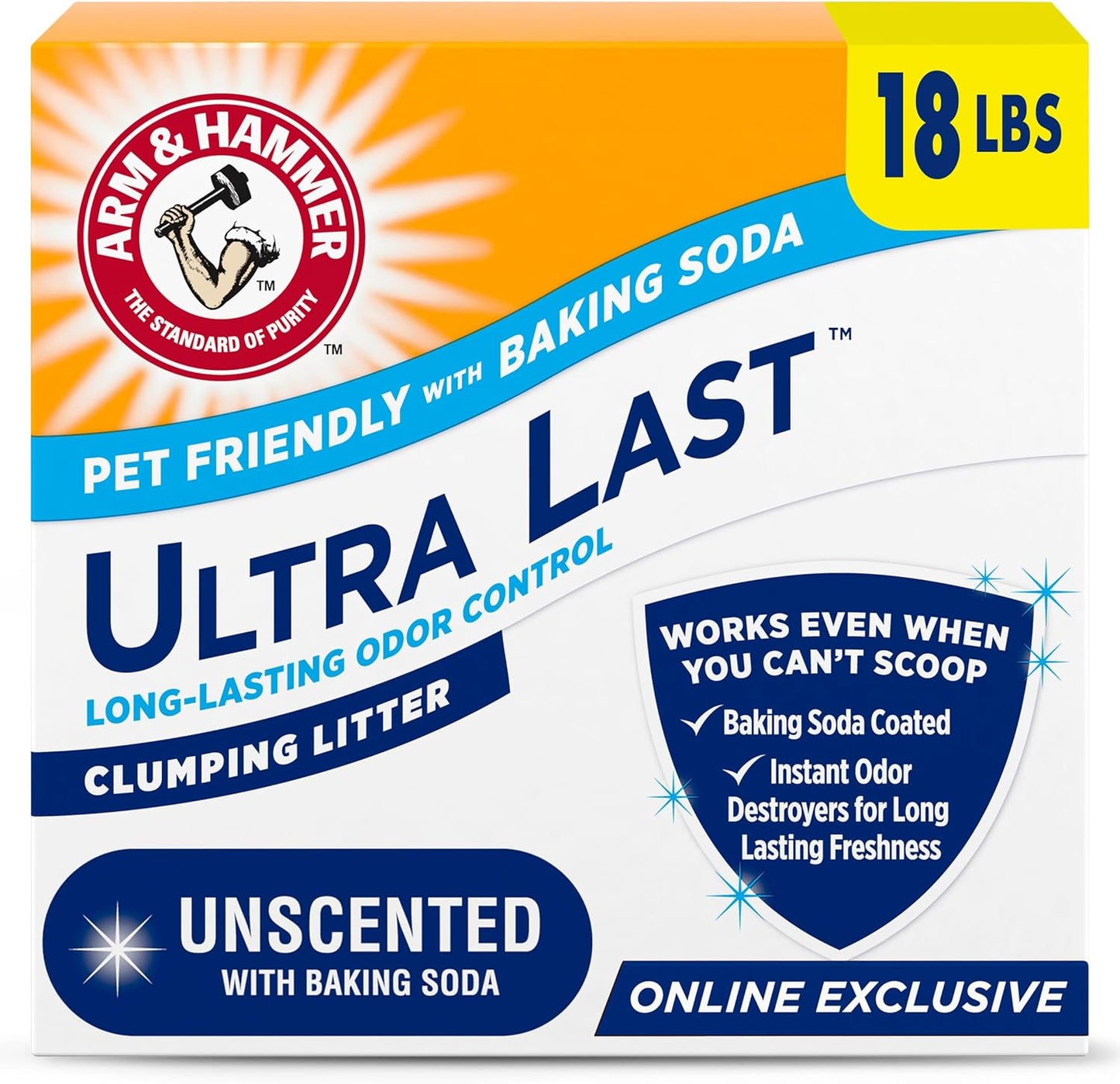 ARM & HAMMER Ultra Last Clumping Cat Litter Unscented MultiCat 18 Lbs. Pet Friendly with Baking Soda Odor Control Litter-USA product