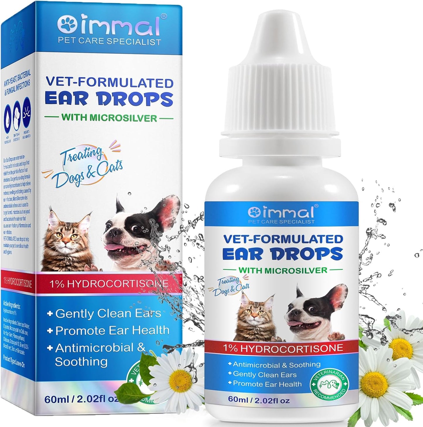 Cat & Dog Ear Infection Treatment Drops, Pets Ear Cleaning Solution Drops with 1% Hydrocortisone Soothing Dog Yeast Infection, Treats Ear Infections, Itchy Ear Relief, Cat Ear Care Supplies