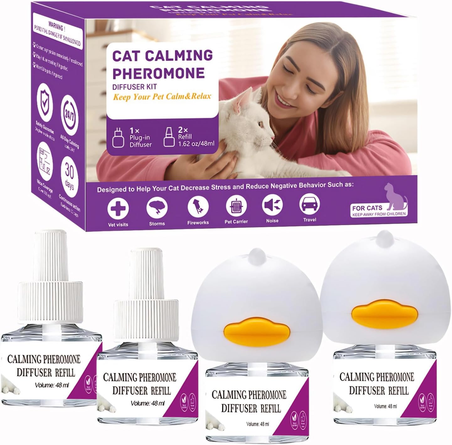 Cat Calming Diffuser, Cat Pheromones Calming Diffuser, Pheromone Dffuser to Calm Cats, Cat Calming Diffuser with 2 Diffuser + 4 Refill,120 Days for Cats Relief Stress Anxiety Purple