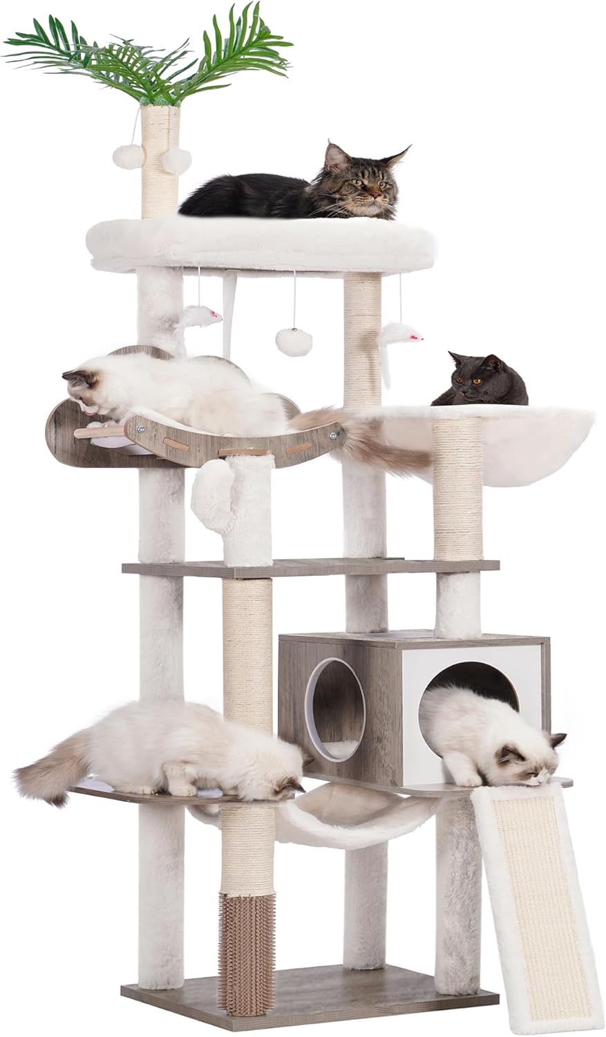 Heybly Wood Cat Tree for Indoor Cats, Cat Condo for Large Cats with Self Groomer