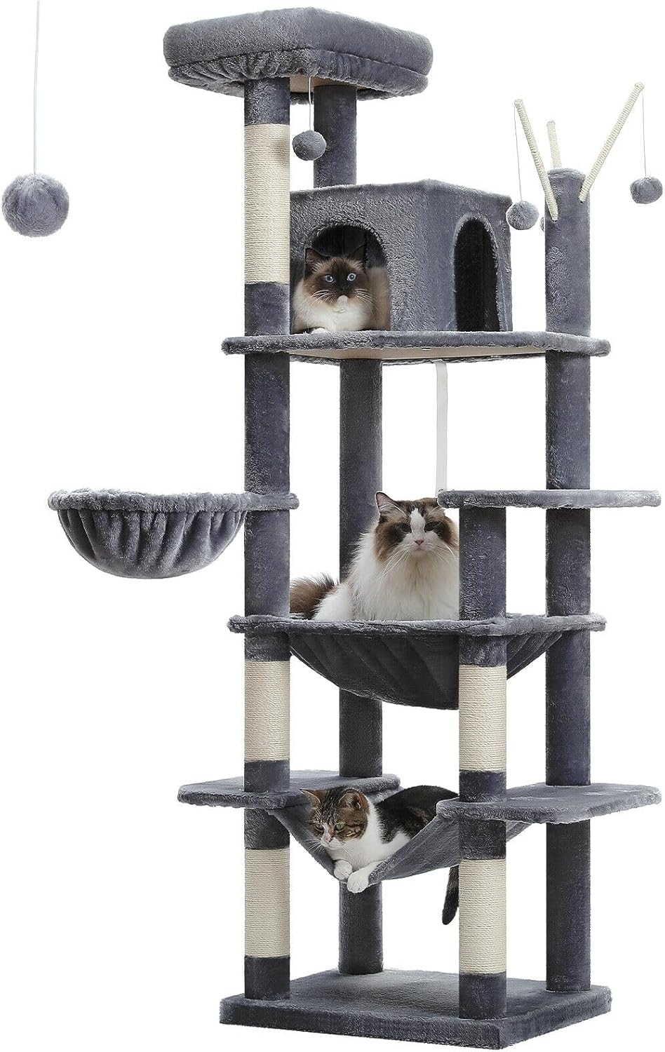 PAWZ Road Multi-Level Cat Tree 175cm With Super Large Hammock (50 * 40cm), Tall Cat Tower for Large Cats With Scratching Posts, Cat Condo and Top Perch Dark Grey