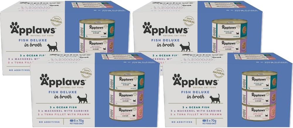 Applaws 100% Natural Wet Cat Food Mixed Variety Fish Deluxe in Broth Tin 70g (Pack of 32), Limited Ingredients Pet Food