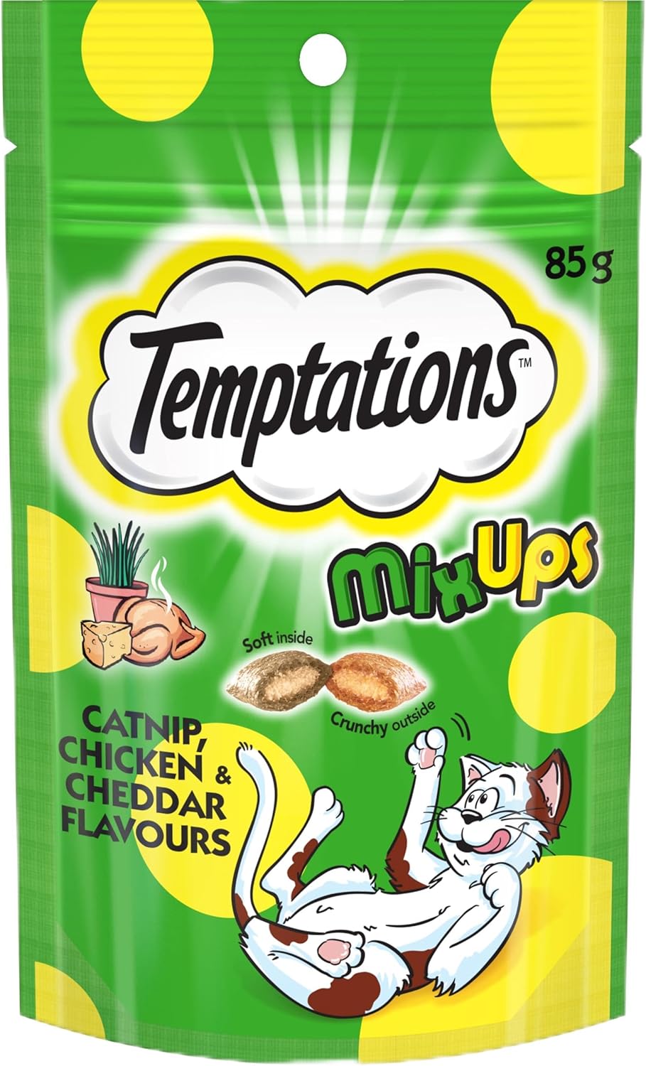 TEMPTATIONS Cat Treats Mixups Catnip, Chicken and Cheddar 85g Bag, 6 Pack