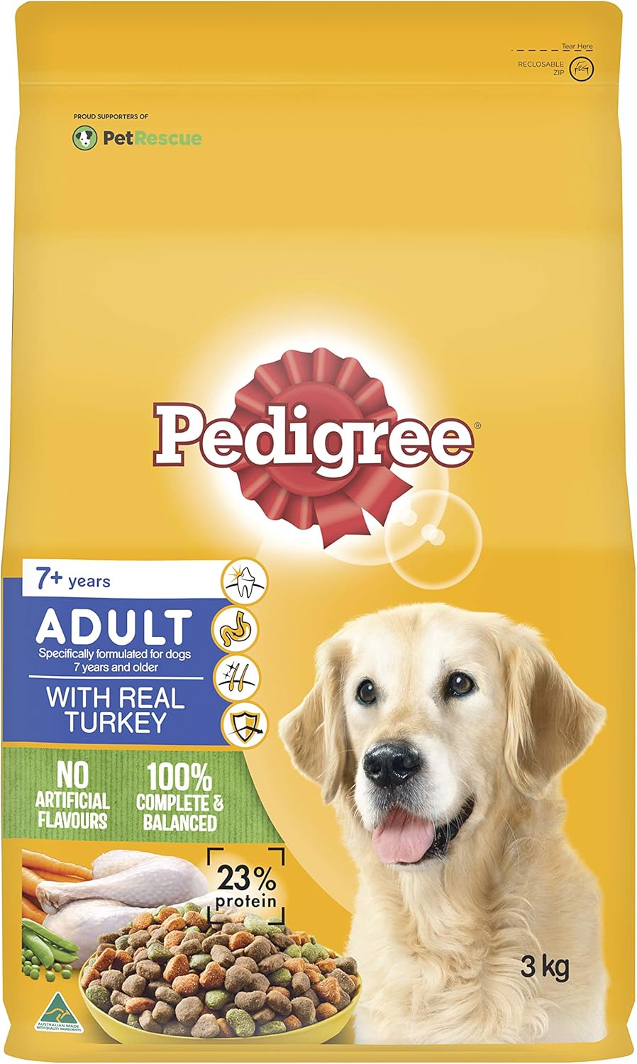PEDIGREE Adult 7+ Dry Dog Food With Real Turkey 3kg Bag, 4 Pack