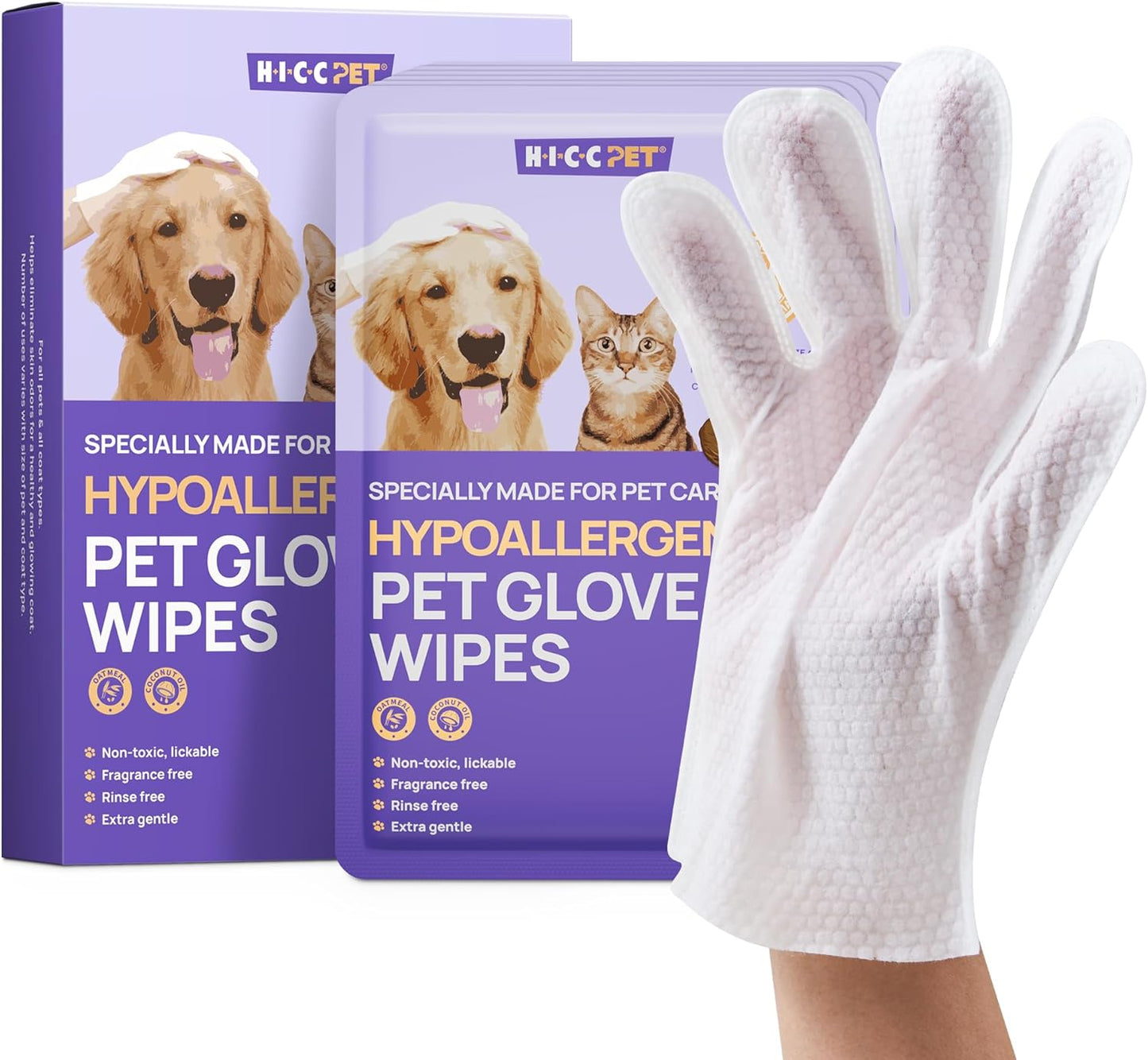 HICC PET Cleaning Deodorizing Glove Wipes for Dogs & Cats, Vet Recommended Hypoallergenic Pet Cleaning and Hydrating Glove Wipes