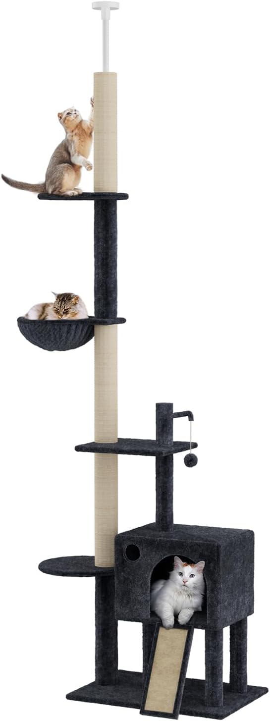 Pawz Large Cat Tree Tower Condo for Indoor Cats, Scratching Post, Soft Plush Multi-Level Climbing Tree, Activity Center, Cat Condo and Big Hammock, House, Dangling Ball, Adjustable Height 230CM-275CM