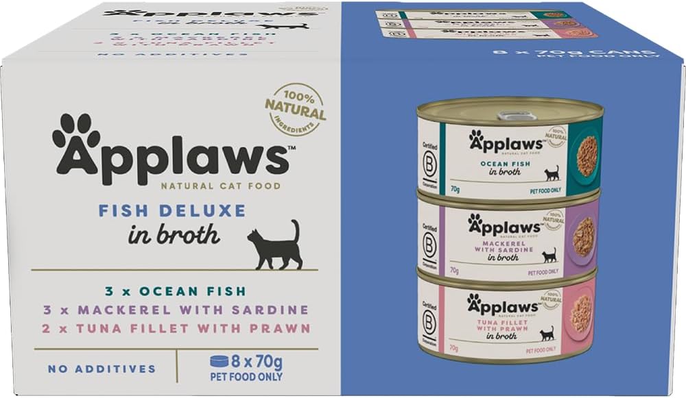 Applaws 100% Natural Wet Cat Food Mixed Variety Fish Deluxe in Broth Tin 70g (Pack of 32), Limited Ingredients Pet Food