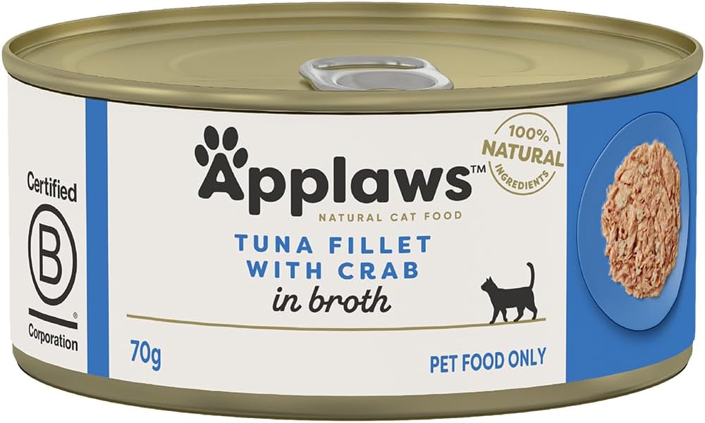 Applaws 100% Natural Wet Cat Food Tuna Fillet with Crab in Broth Tin 70g (Pack of 24), Limited Ingredients Pet Food