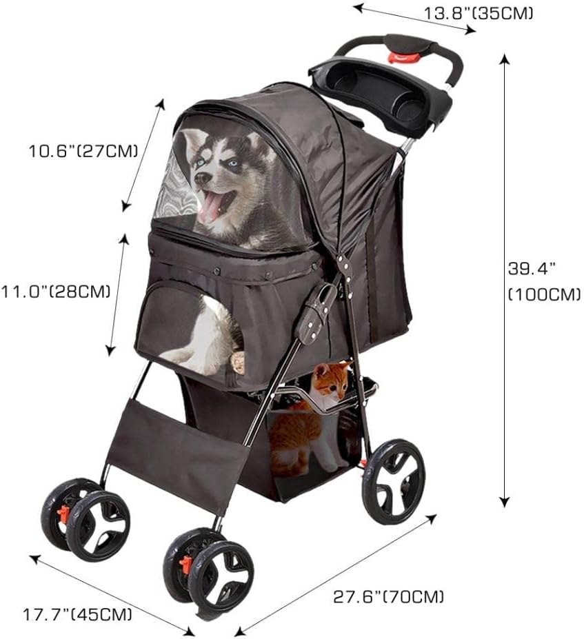 PaWz 4 Wheels Pet Stroller Dog Cat Cage Puppy Pushchair Travel Walk Carrier Pram Black