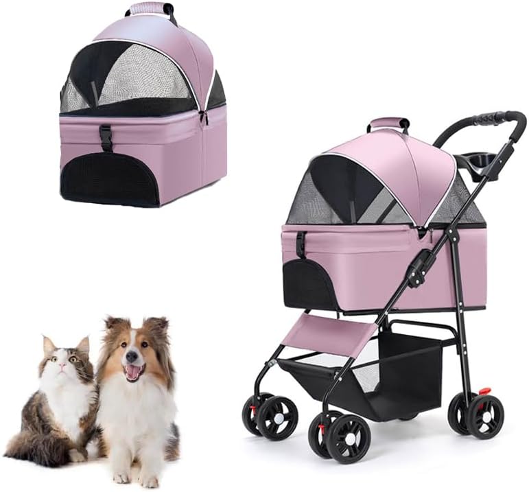 MINYII Pet Stroller Premium 3-in-1 Multifunction Jogger Stroller for Medium Small Dogs Cats Folding Lightweight for Travel with Detachable Carrier,98x65x45cm Portable Pet Stroller for Injured Pet Gift (Pink)
