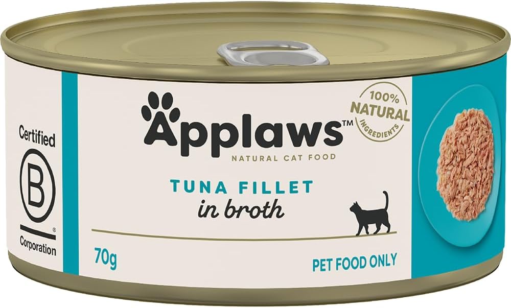 Applaws 100% Natural Wet Cat Food Tuna Fillet in Broth, Limited Ingredients Pet Food 70g Tin (Pack of 24)
