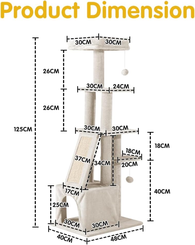 Petzly Cat Tree, 125cm Cat Tower for Large Cats Indoor, Multi-Level Cat Condo with Cat Ladder