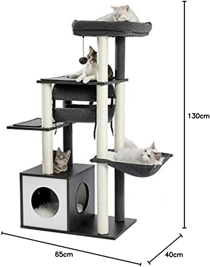 PAWZ Road Cat Tree Cat Scratching Post with a Large Hammock Play Tower, Play Tunnel Wooden Furniture Cat Stand 130cm Grey