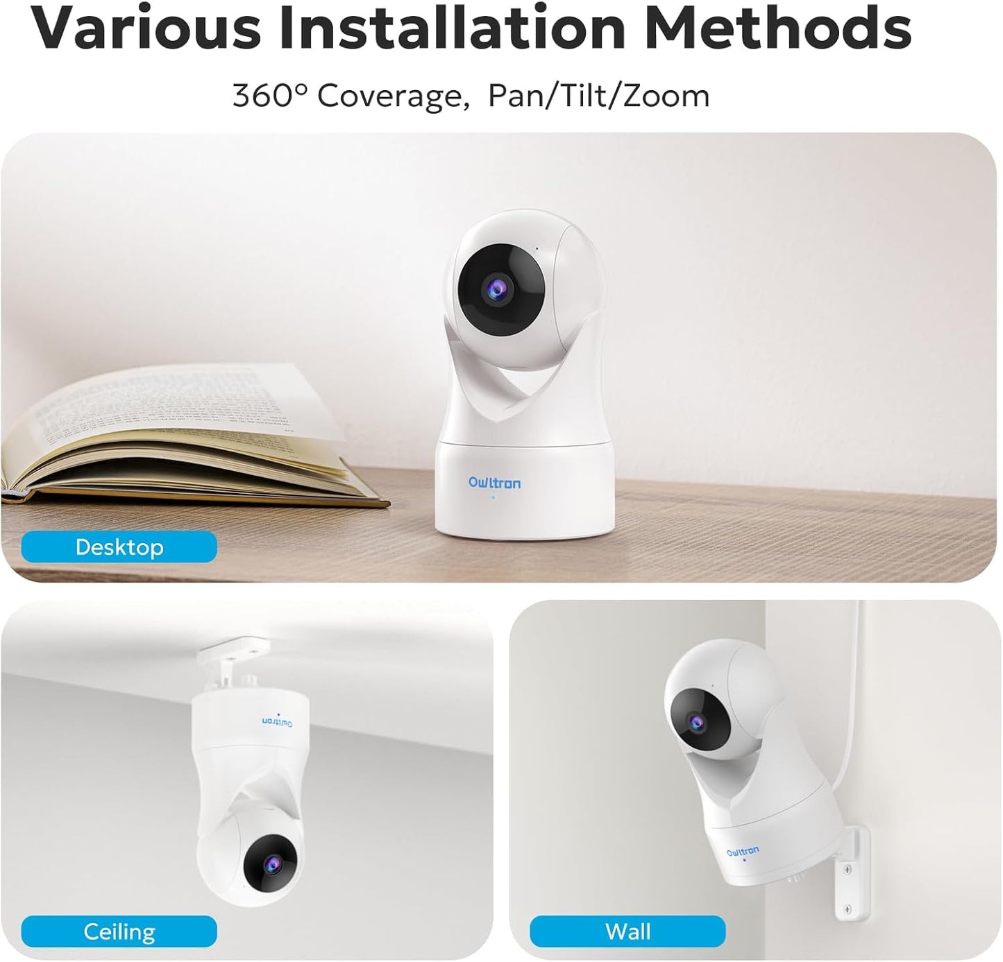owltron Indoor Security Camera 2K, 360° Cameras for Home Security with Motion Detection, 2.4G WiFi for Baby/Pet/Nanny/Camara with Night Vision