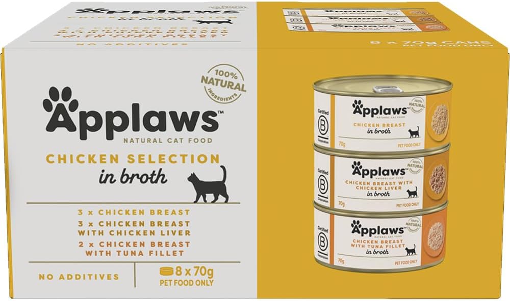 Applaws 100% Natural Wet Cat Food Mixed Variety Chicken Selection in Broth Tin 70g (Pack of 32), Limited Ingredients Pet Food