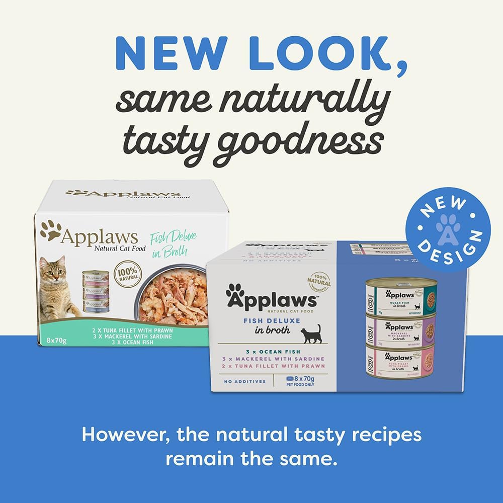 Applaws 100% Natural Wet Cat Food Mixed Variety Fish Deluxe in Broth Tin 70g (Pack of 32), Limited Ingredients Pet Food