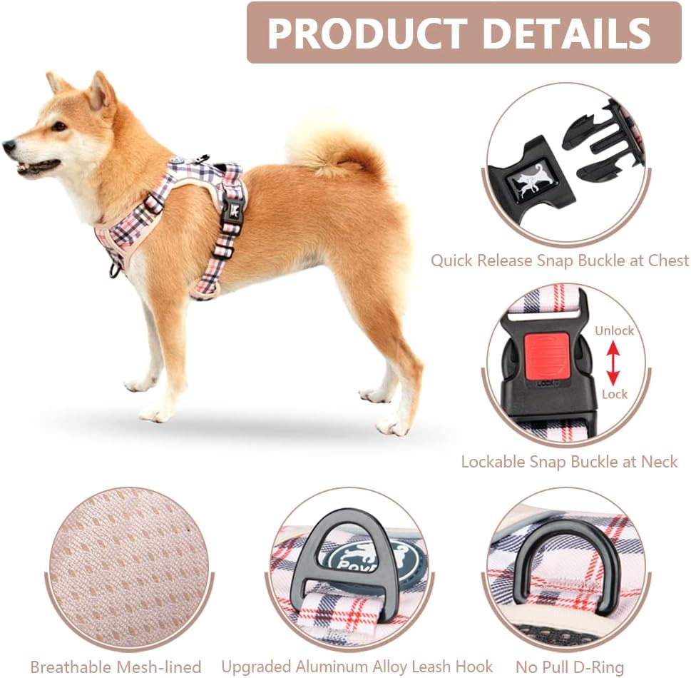 PoyPet No Pull Dog Harness, No Choke Reflective Oxford Outdoor Vest (Checkered Beige,S)