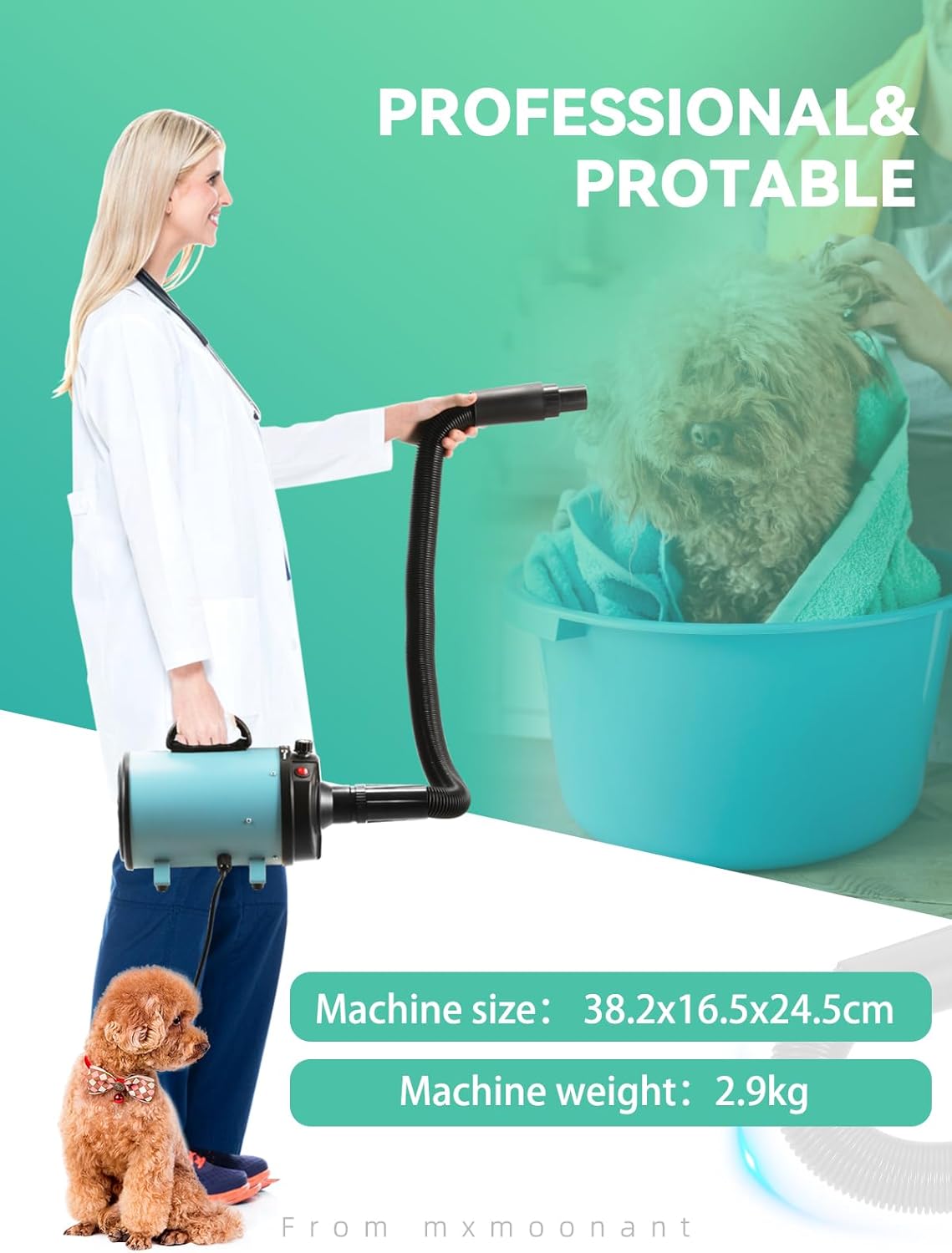 Mxmoonant 2400W 3.2HP Dog Dryer Pets Hair Dryer Stepless Speed Temp Adjustable High Velocity Dog Cat Hair Blower (Blue UK Plug)