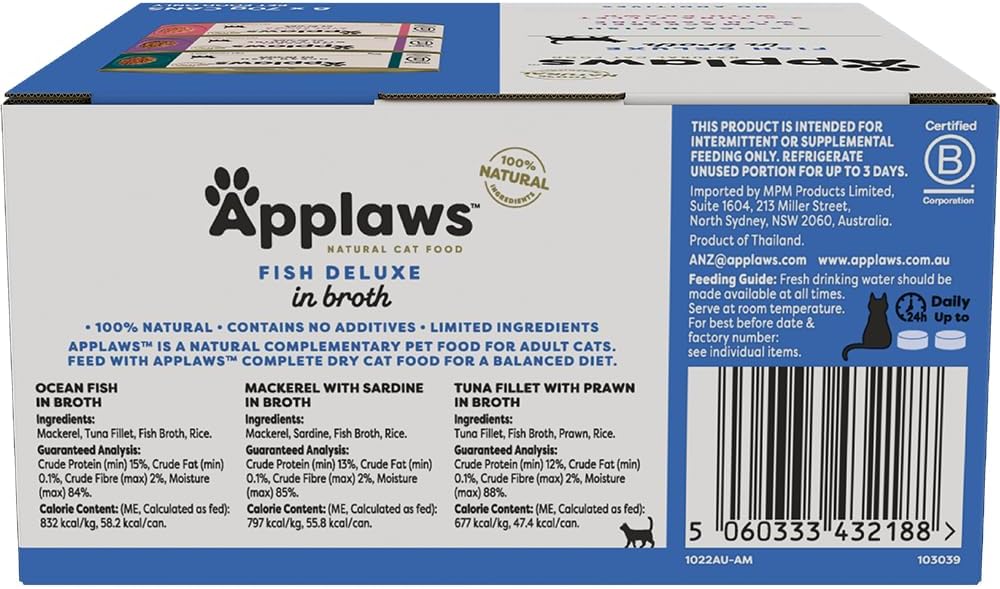 Applaws 100% Natural Wet Cat Food Mixed Variety Fish Deluxe in Broth Tin 70g (Pack of 32), Limited Ingredients Pet Food