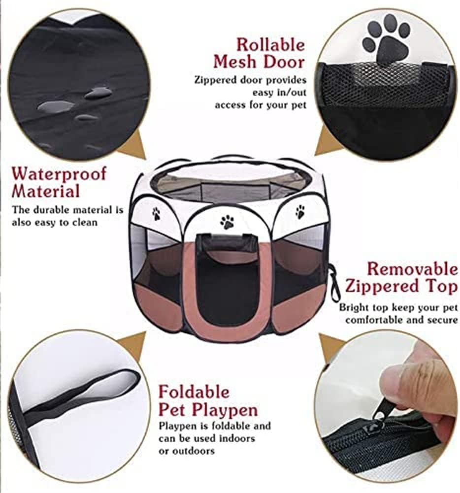 Pet Playpen Dog Tent, 114x114x58cm Foldable Portable Soft Dog Exercise Pen (Large, Brown)