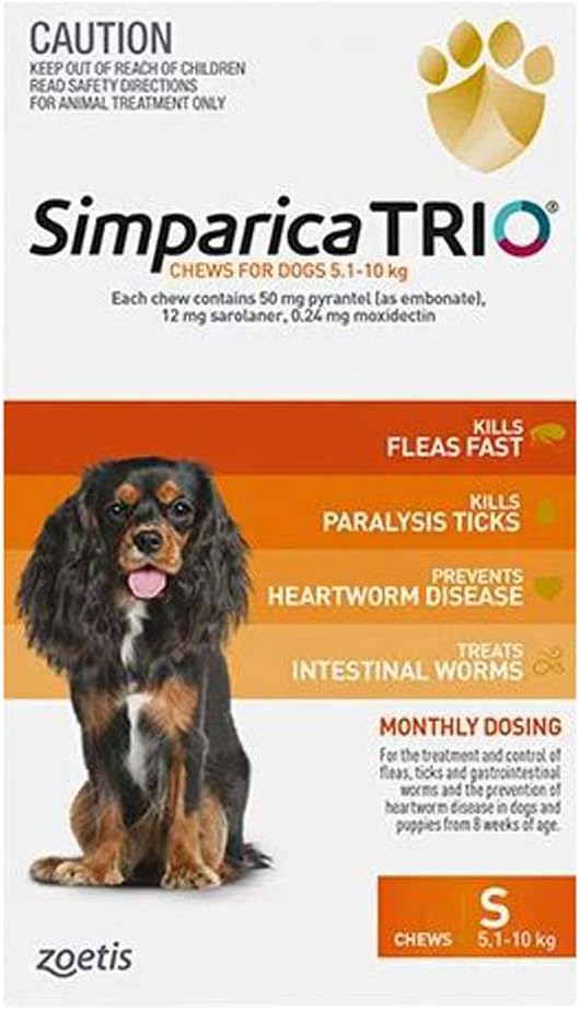 Simparica Trio Flea, Tick and Worming Chews for Dogs 5.1-10 kg, Orange (Pack of 6)