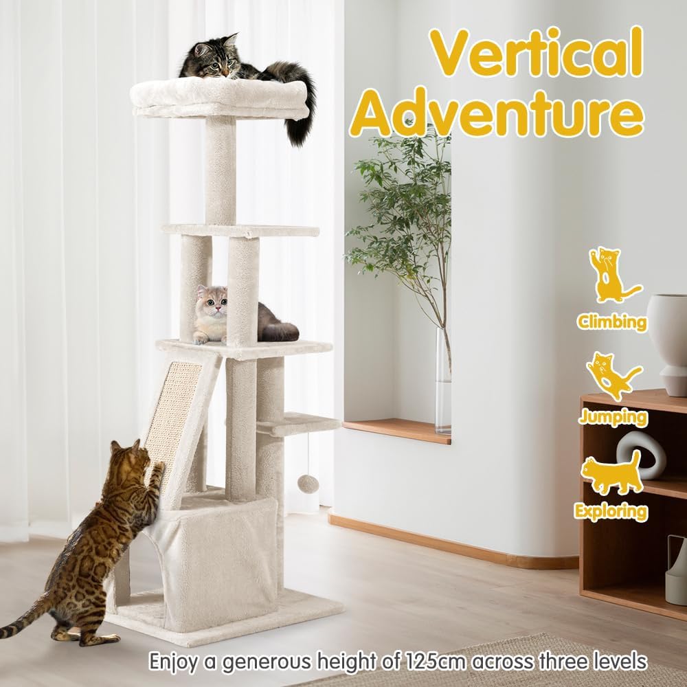 Petzly Cat Tree, 125cm Cat Tower for Large Cats Indoor, Multi-Level Cat Condo with Cat Ladder