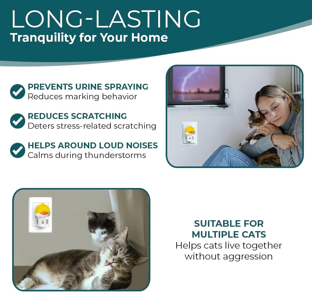 Cat Calming Diffuser for Stress Relief - Natural Cat Deterrent Spray to Reduce Stress, Spraying & Aggressive Behavior - 60 Day Supply