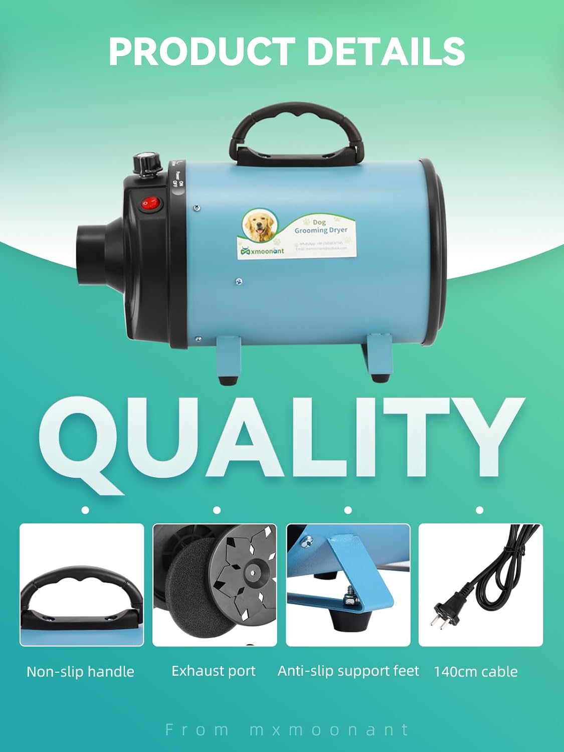 Mxmoonant 2400W 3.2HP Dog Dryer Pets Hair Dryer Stepless Speed Temp Adjustable High Velocity Dog Cat Hair Blower (Blue UK Plug)