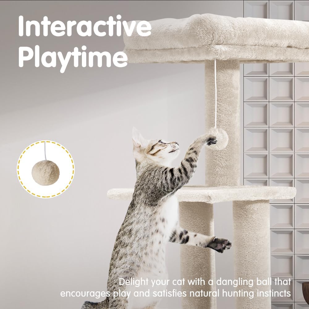 Petzly Cat Tree, 125cm Cat Tower for Large Cats Indoor, Multi-Level Cat Condo with Cat Ladder