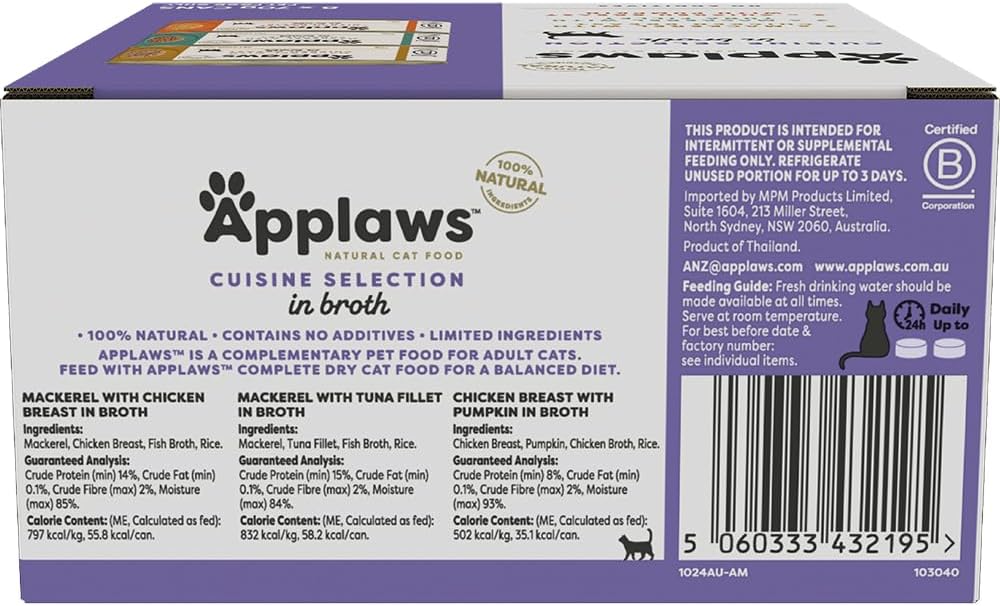 Applaws 100% Natural Wet Cat Food Mixed Variety Cuisine Selection in Broth Tin 70g (Pack of 32), Limited Ingredients Pet Food