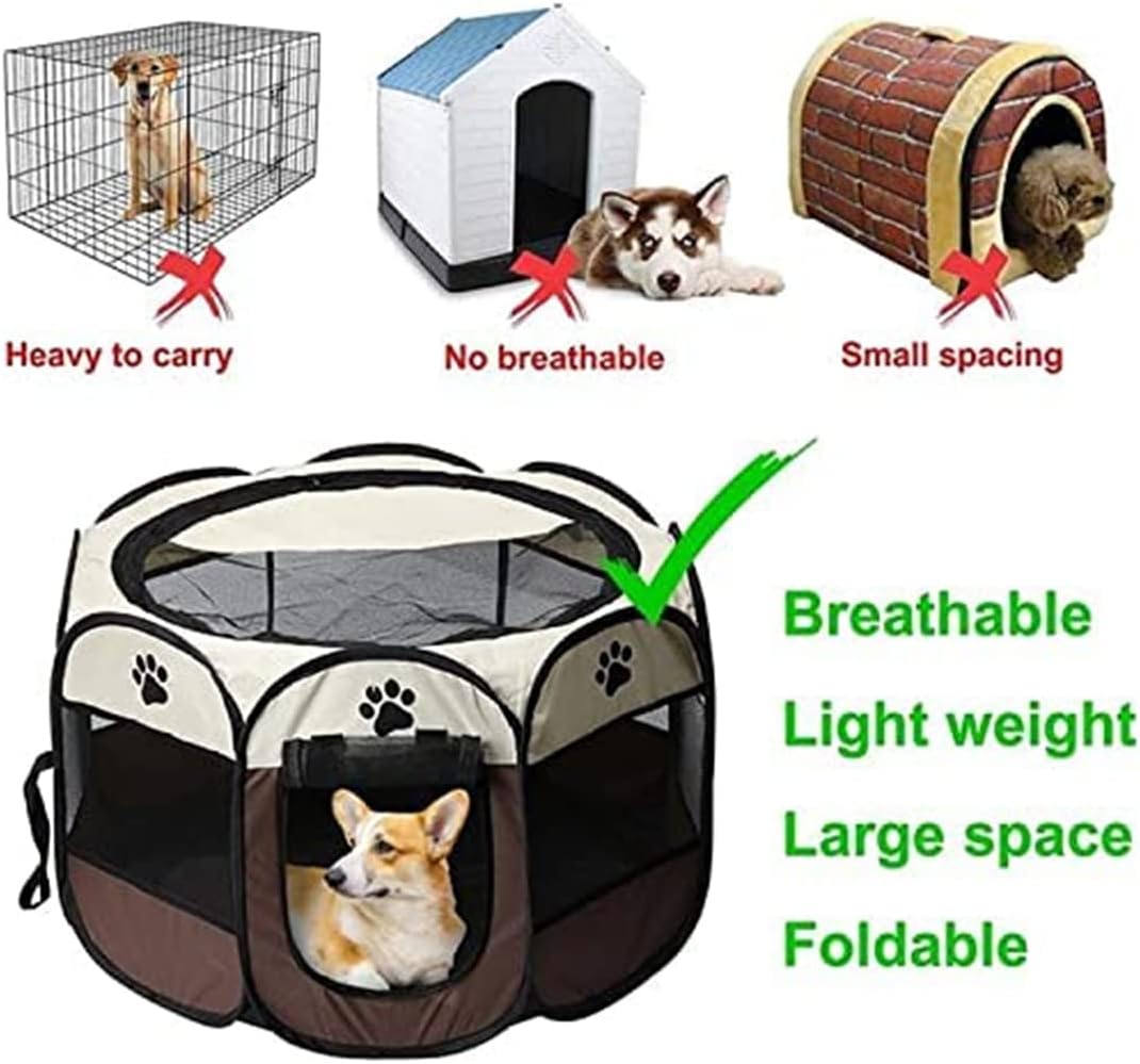 Pet Playpen Dog Tent, 114x114x58cm Foldable Portable Soft Dog Exercise Pen (Large, Brown)
