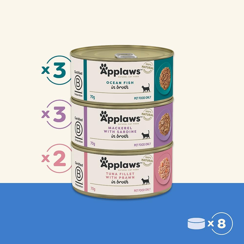 Applaws 100% Natural Wet Cat Food Mixed Variety Fish Deluxe in Broth Tin 70g (Pack of 32), Limited Ingredients Pet Food