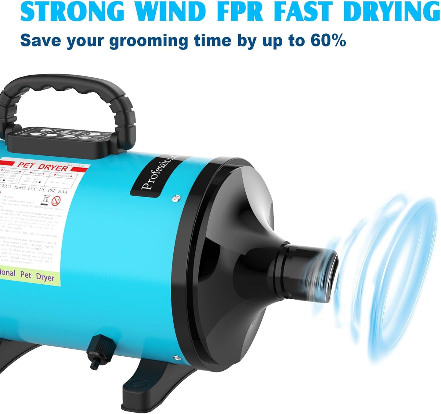 ADVWIN Dog Dryer, Pet Grooming Blow Dryer with LCD Display & Temperature Adjustable, 50-120m/s Adjustable Speed, 4 Different Nozzles, Blue