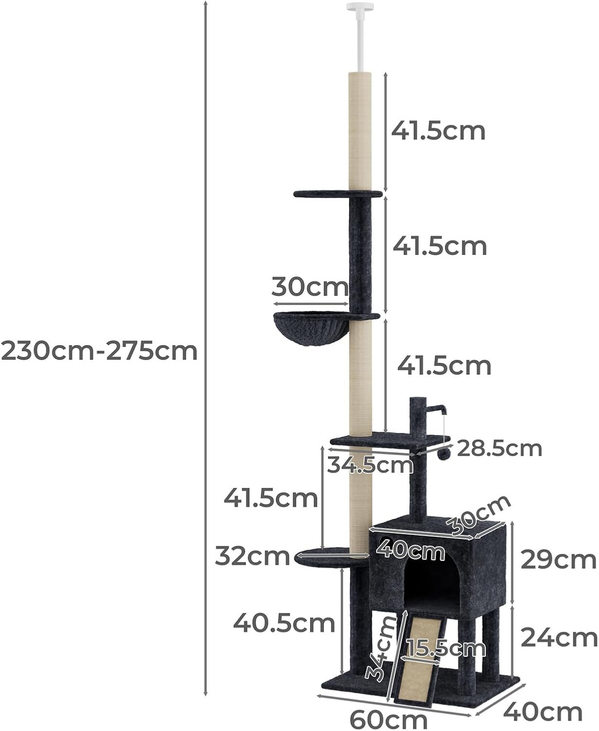 Pawz Large Cat Tree Tower Condo for Indoor Cats, Scratching Post, Soft Plush Multi-Level Climbing Tree, Activity Center, Cat Condo and Big Hammock, House, Dangling Ball, Adjustable Height 230CM-275CM