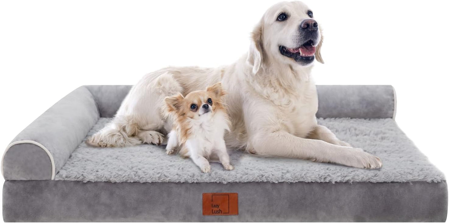 Lazy Lush Bolster Dog Bed for Extra Large Dogs, Memory Foam Orthopedic L-Shape