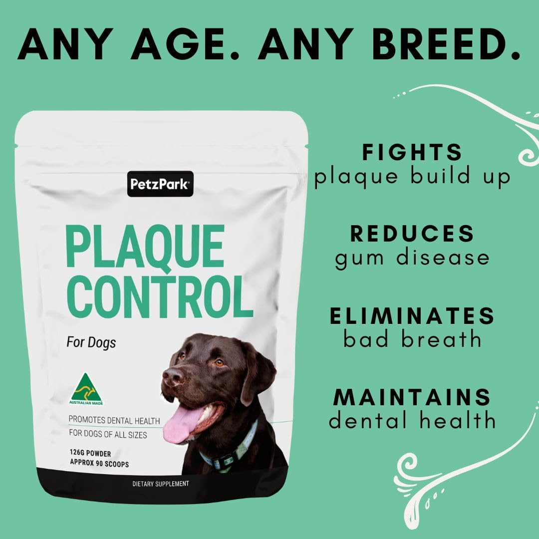 Petz Park Plaque Control for Dogs - Dental Care for Dogs - Dog Food Topper for Dog Tartar Control - Dog Dental Powder - Dog Teeth Cleaning - Made in Australia