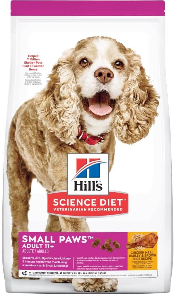 Hill's Science Diet Senior Adult 11+ Small Paws, Chicken Meal, Barley and Brown Rice Recipe, Dry Dog Food for Older Small And Toy Breed Dogs, 2.04kg Bag