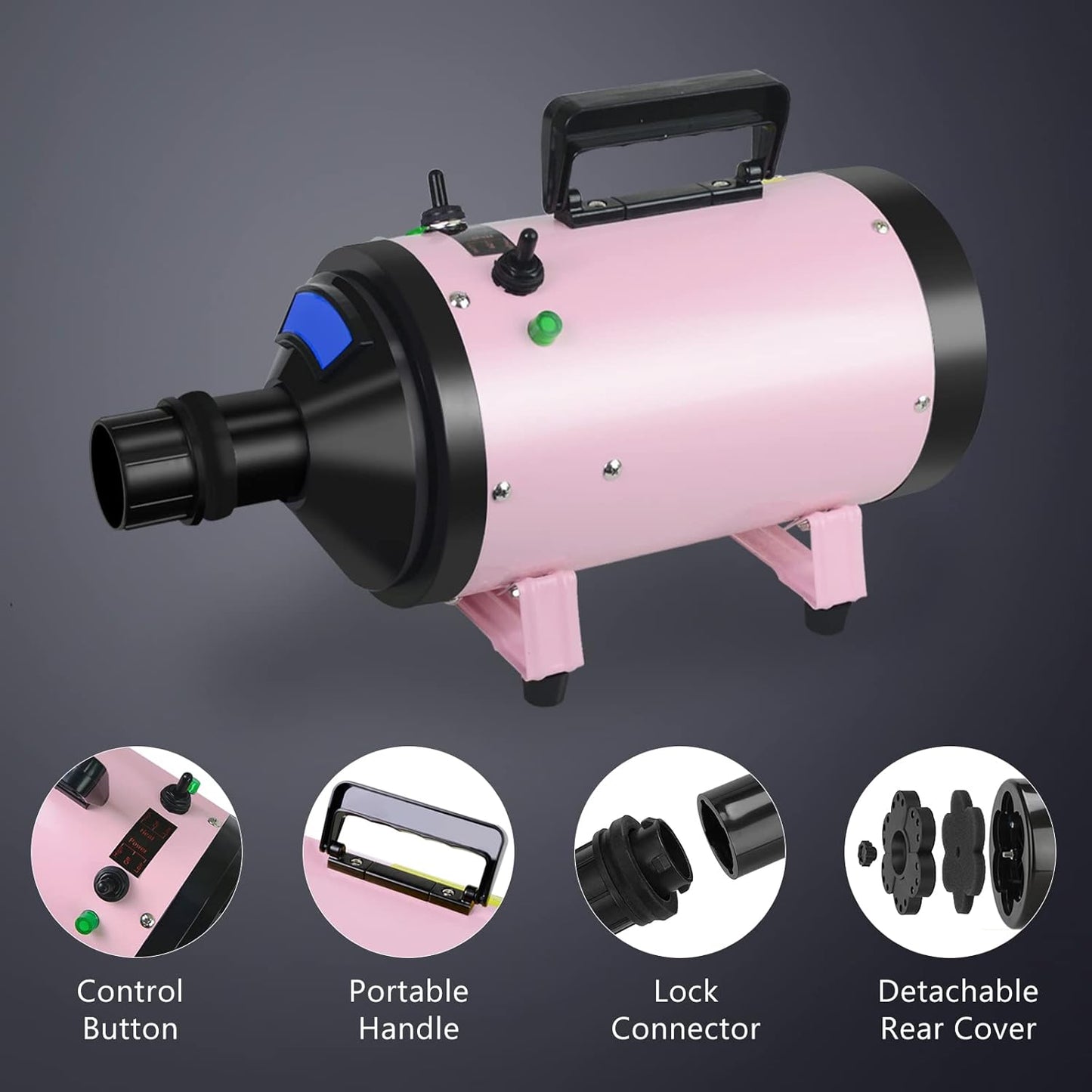 VOLKWELL 3200W/4.3HP Pet Grooming Dryer, Adjustable Speed & Temperature Control Pink Dog Blow Dryer, High Velocity Dog Hair Dryer with 4 Nozzles(Pink)