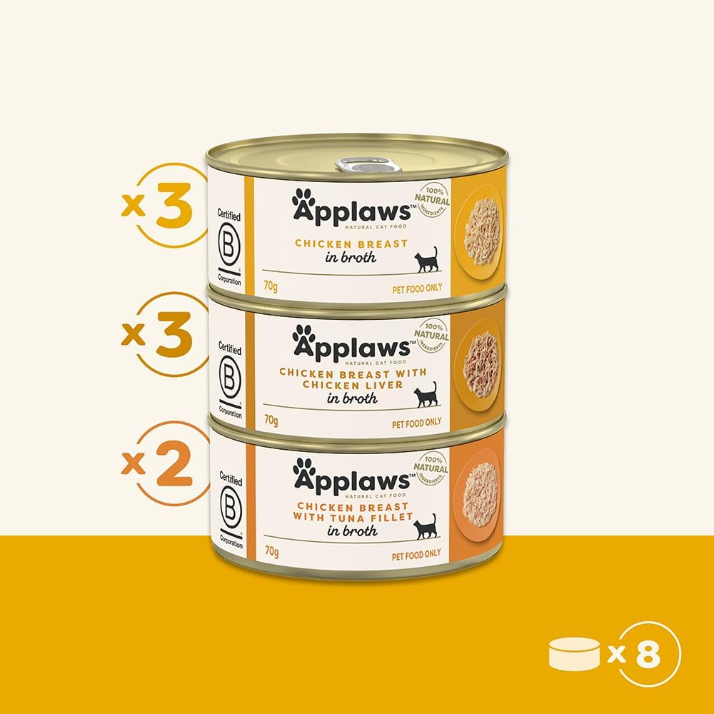 Applaws 100% Natural Wet Cat Food Mixed Variety Chicken Selection in Broth Tin 70g (Pack of 32), Limited Ingredients Pet Food