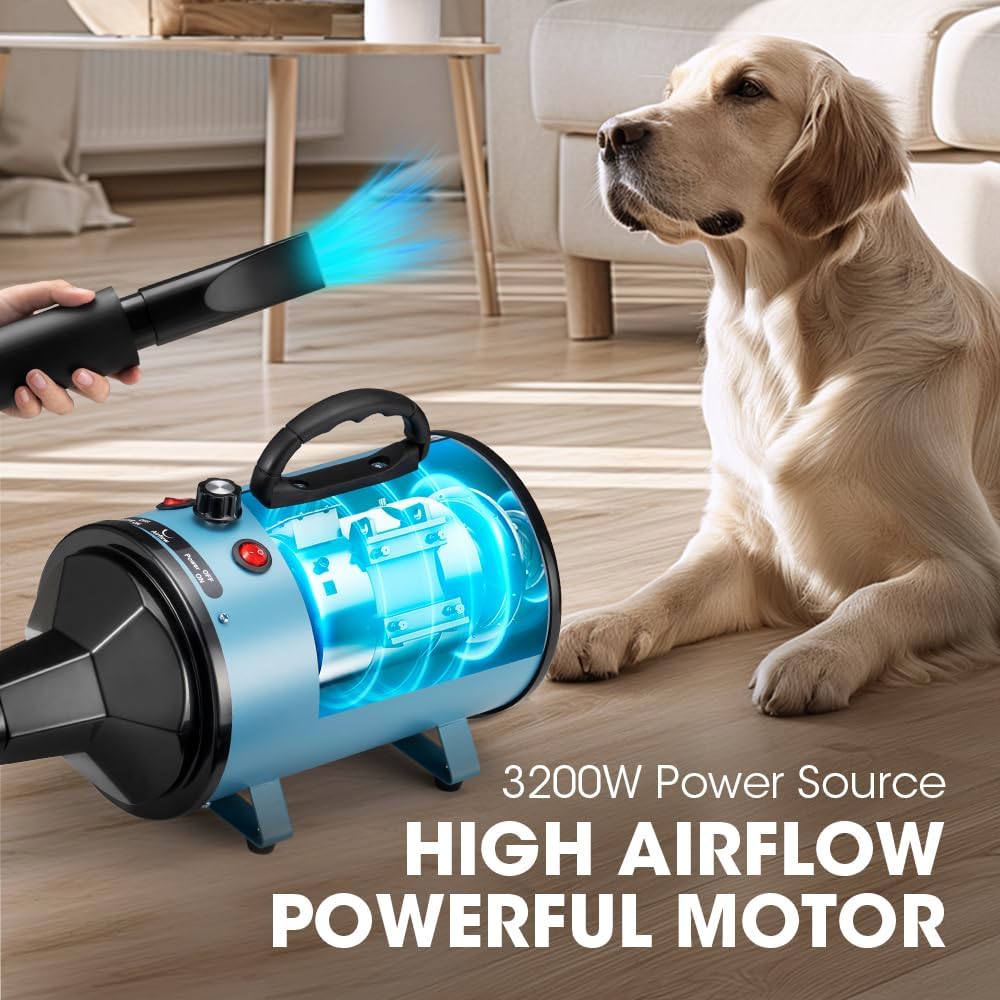 Petzly Dog Dryer for Pet Grooming, 3200W High Velocity Force Blow Pet Dryer, Adjustable Speed & Temperature Control Dog Blow Dryer, Quiet Dog Hair Dryer with 3 Nozzle