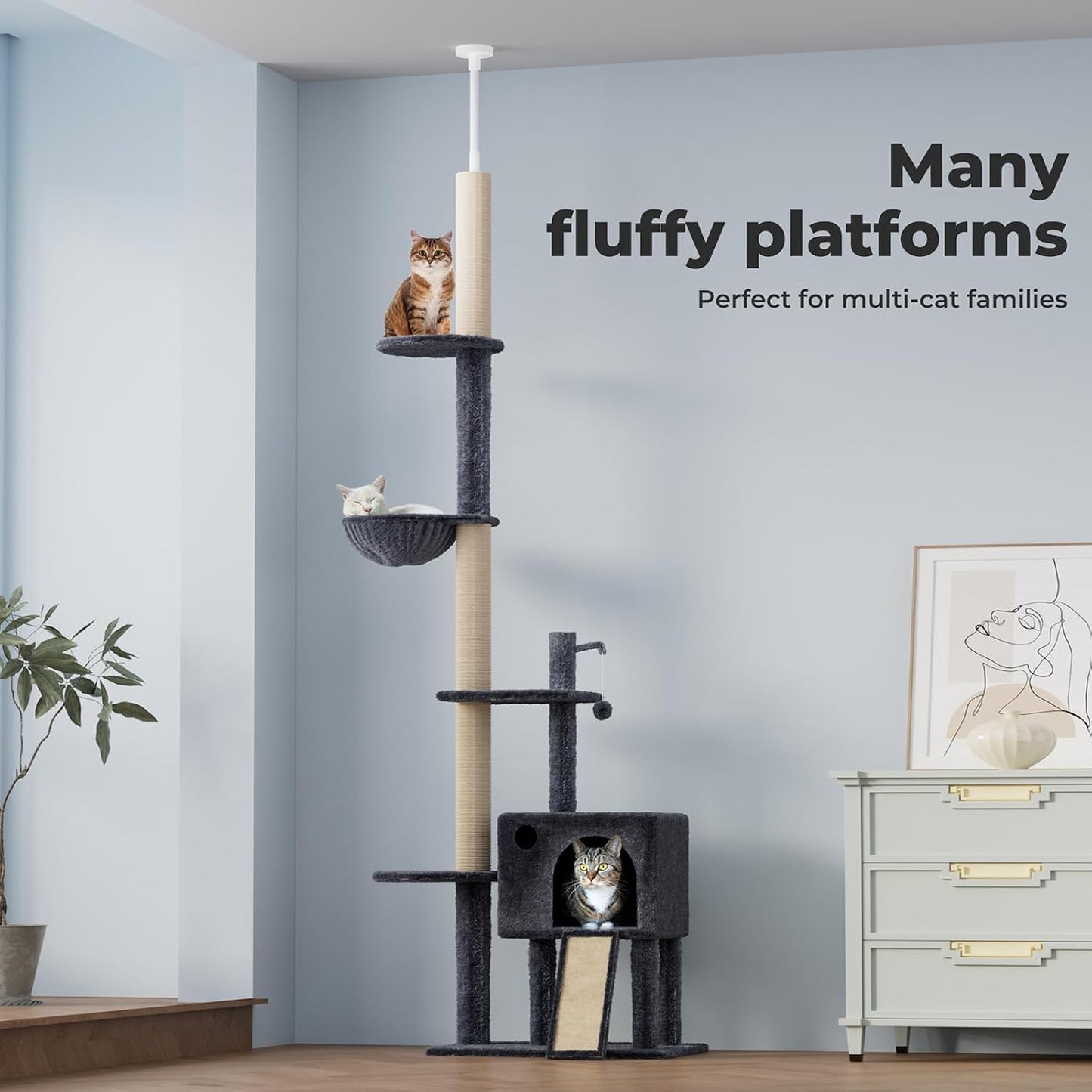 Pawz Large Cat Tree Tower Condo for Indoor Cats, Scratching Post, Soft Plush Multi-Level Climbing Tree, Activity Center, Cat Condo and Big Hammock, House, Dangling Ball, Adjustable Height 230CM-275CM