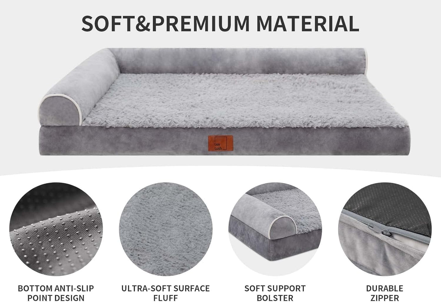 Lazy Lush Bolster Dog Bed for Extra Large Dogs, Memory Foam Orthopedic L-Shape